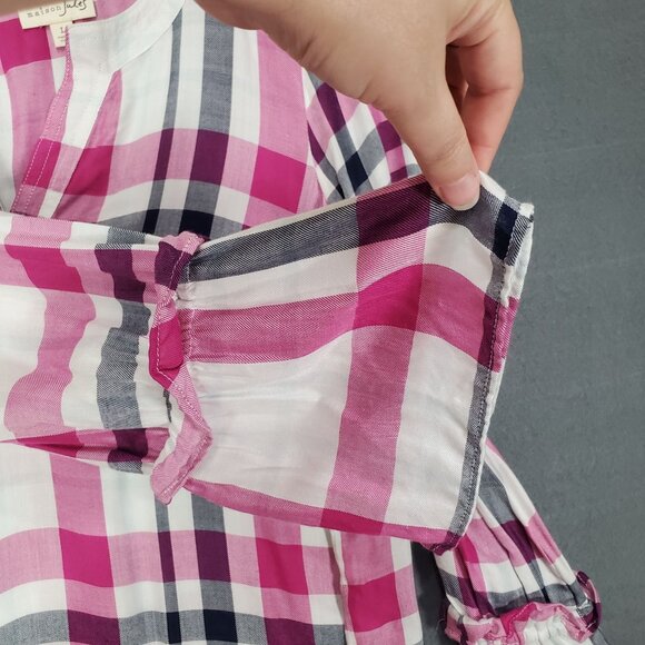 NWT MAISON JULES Womens Blouse SZ L Plaid Long Bell Sleeves Pink Lightweight - Picture 7 of 10